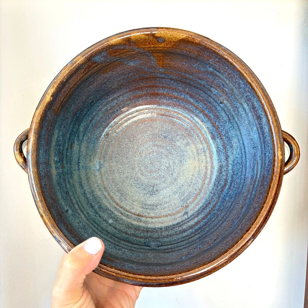 Vintage 1989 Signed Studio Pottery Handled Serving Bowl Brown Blue Stoneware